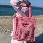 Prada Women's Natural Crochet Tote Bag-Pink — view 1