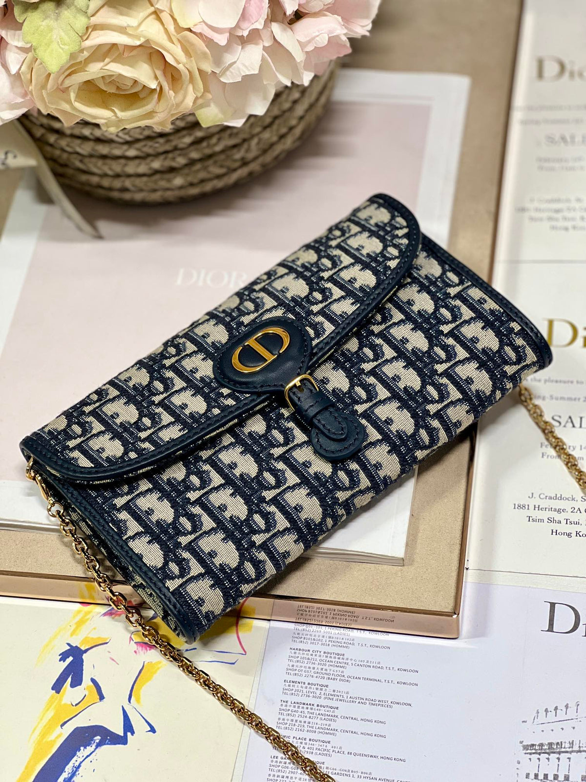 Dior Bobby Wallet On Chain East West Blue Oblique Jacquard — view 2