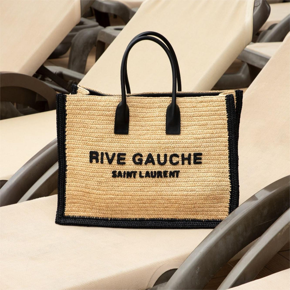 Saint Laurent Rive Gauche Tote Bag in Raffia and Leather - Straw — view 1