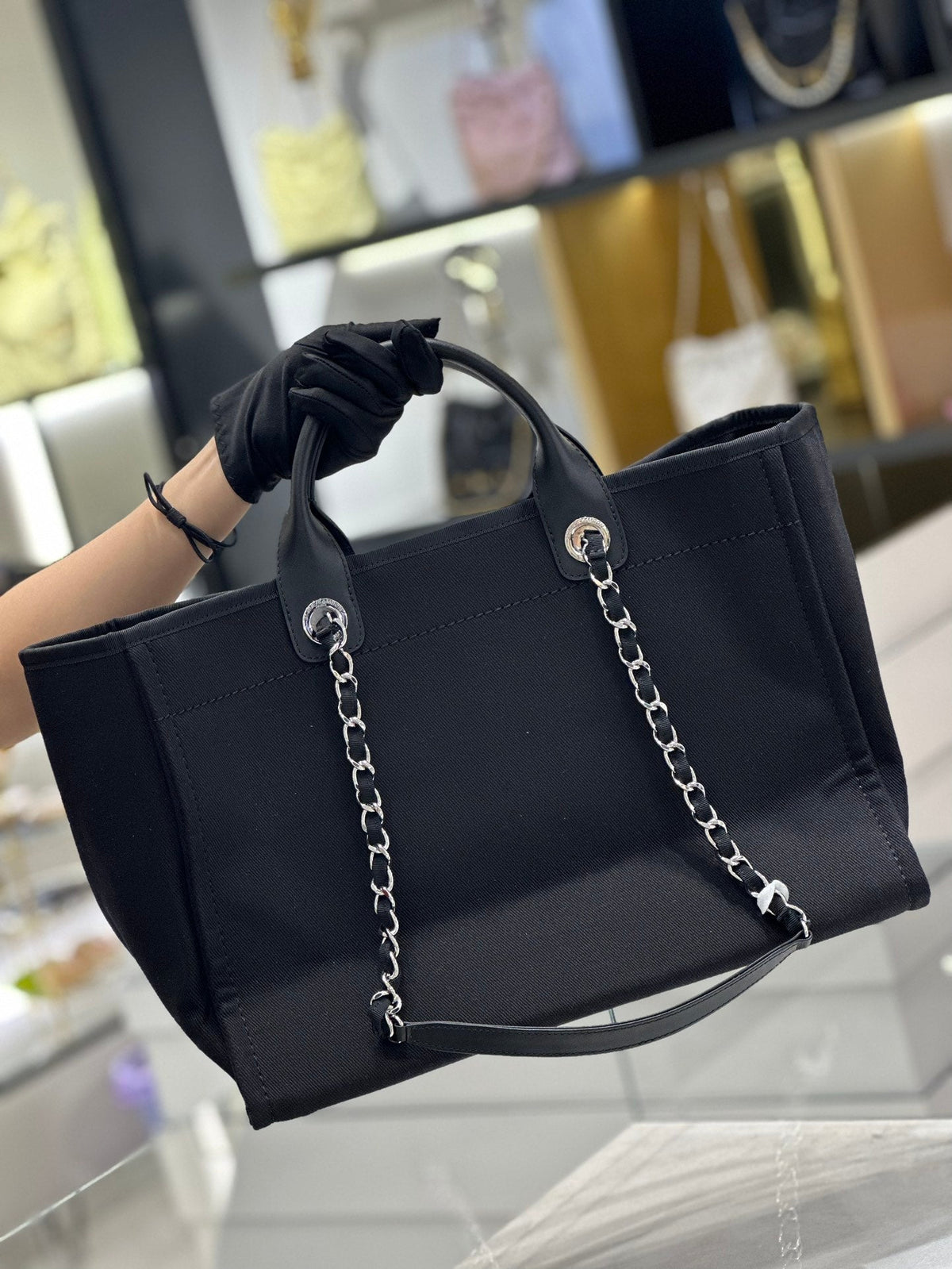 Chanel Natural Canvas and Black Leather Large Pearl Deauville Tote — view 3