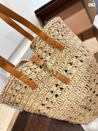 YSL Panier Medium in Raffia and Vegetable-Tanned Leather Tote Bag - Yellow — view 2