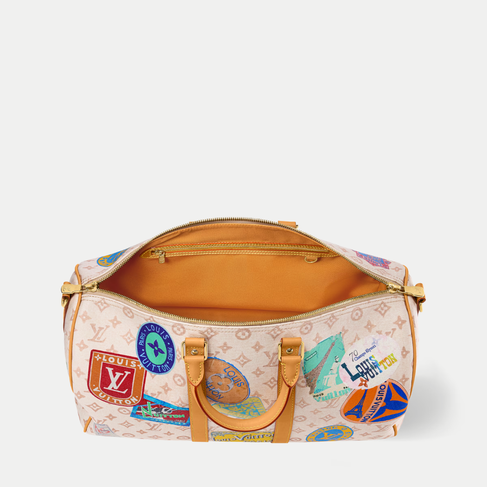 LV Keepall Bandoulière 45 Monogram Dune Canvas Travel Handle Shoulder Bag with Leather Trim and Travel Patches — view 5