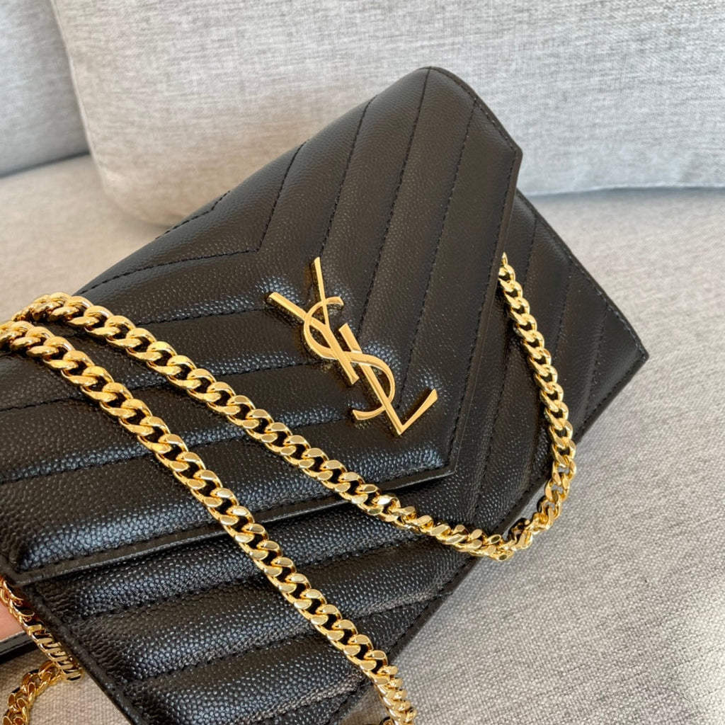 YSL Cassandre Envelope Chain Wallet Black Grain Leather Golden Hardware 19 cm — view 2