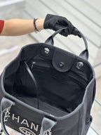 Chanel Natural Canvas and Black Leather Large Pearl Deauville Tote — view 4