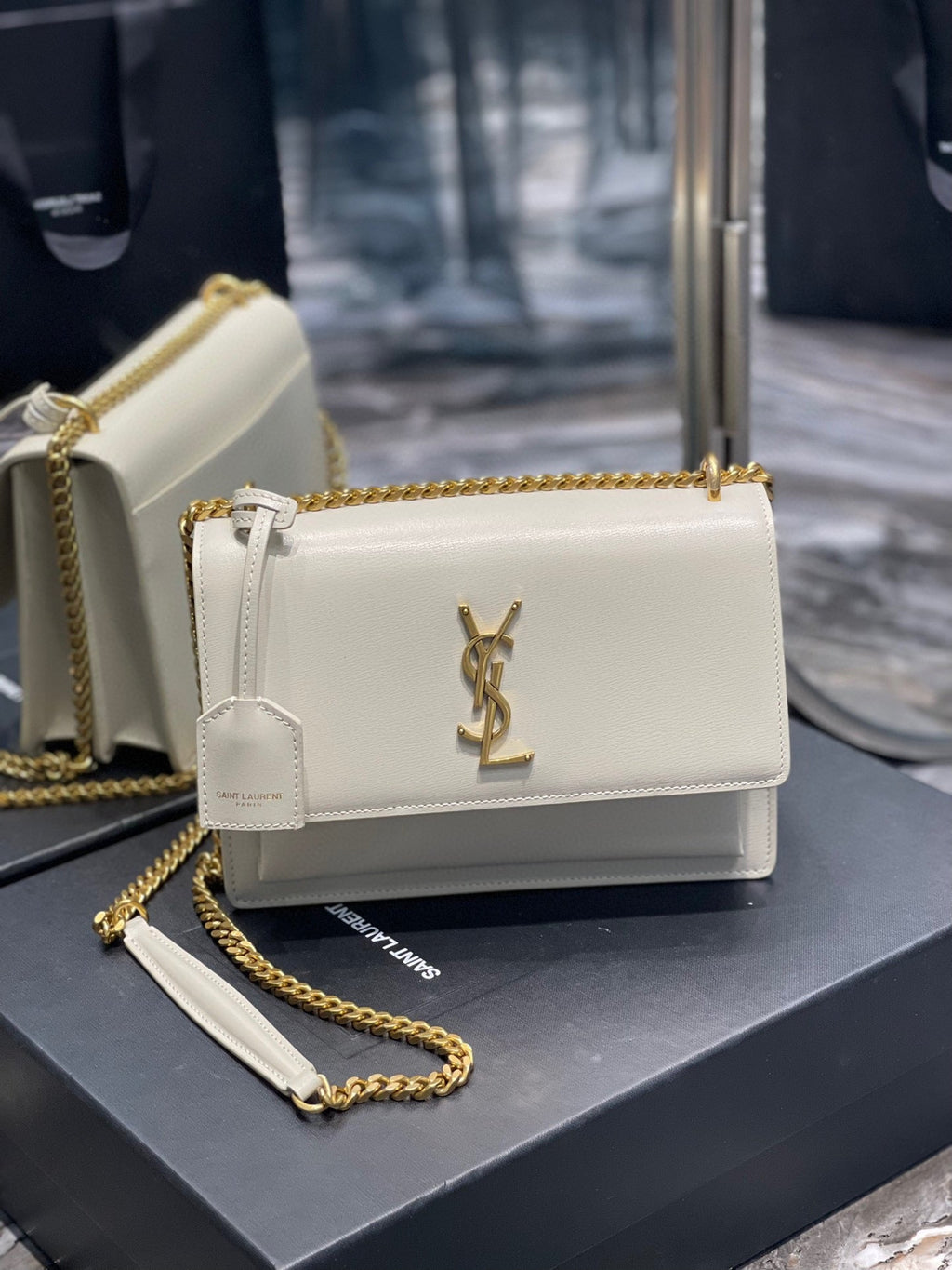 YSL Medium Sunset Bag 22 White Lambskin Gold Tone — view 1