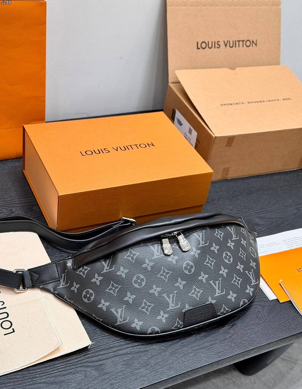 LV Bumbag Monogram Eclipse Canvas Crossbody Bag with Black Leather Trim — view 1