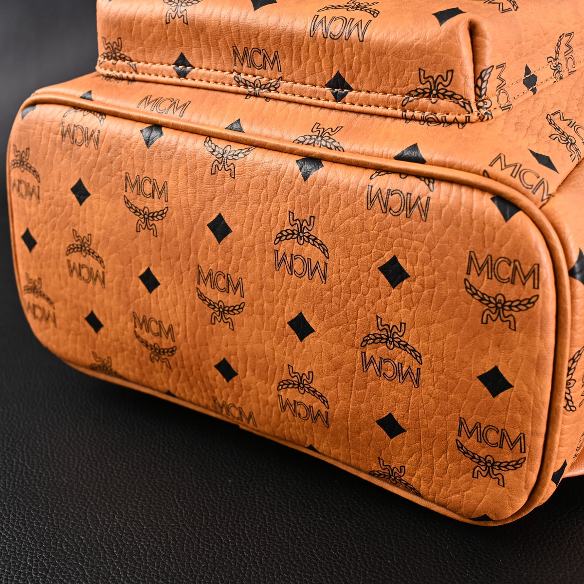 Mcm Stark Visetos Medium Backpack – Cognac Monogram with Gold-Tone Studs - Cognac with Black Monogram Print — view 8