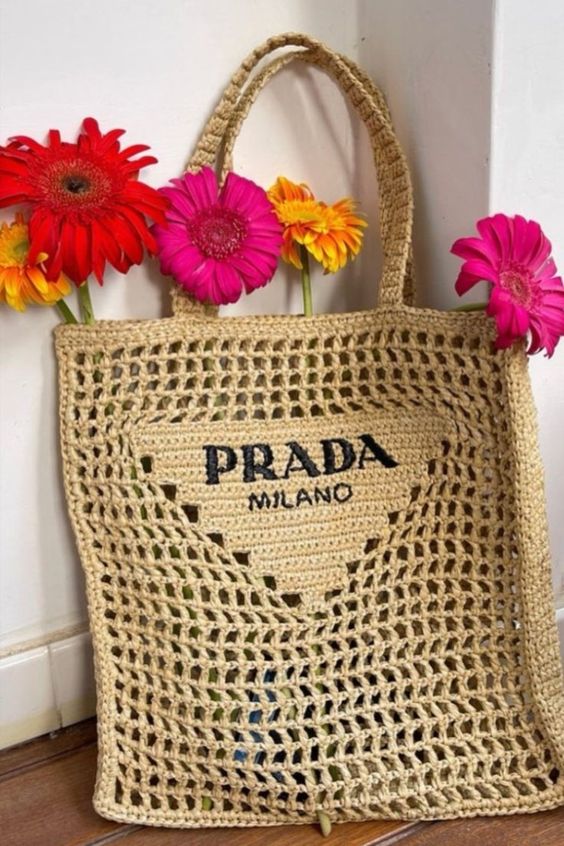 Prada Women's Natural Crochet Tote Bag-Khaki — view 5