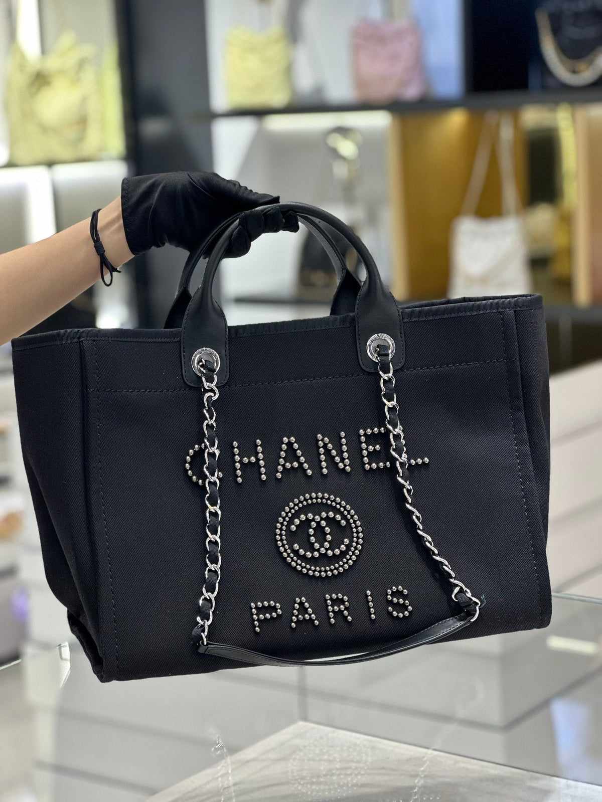 Chanel Natural Canvas and Black Leather Large Pearl Deauville Tote — view 1