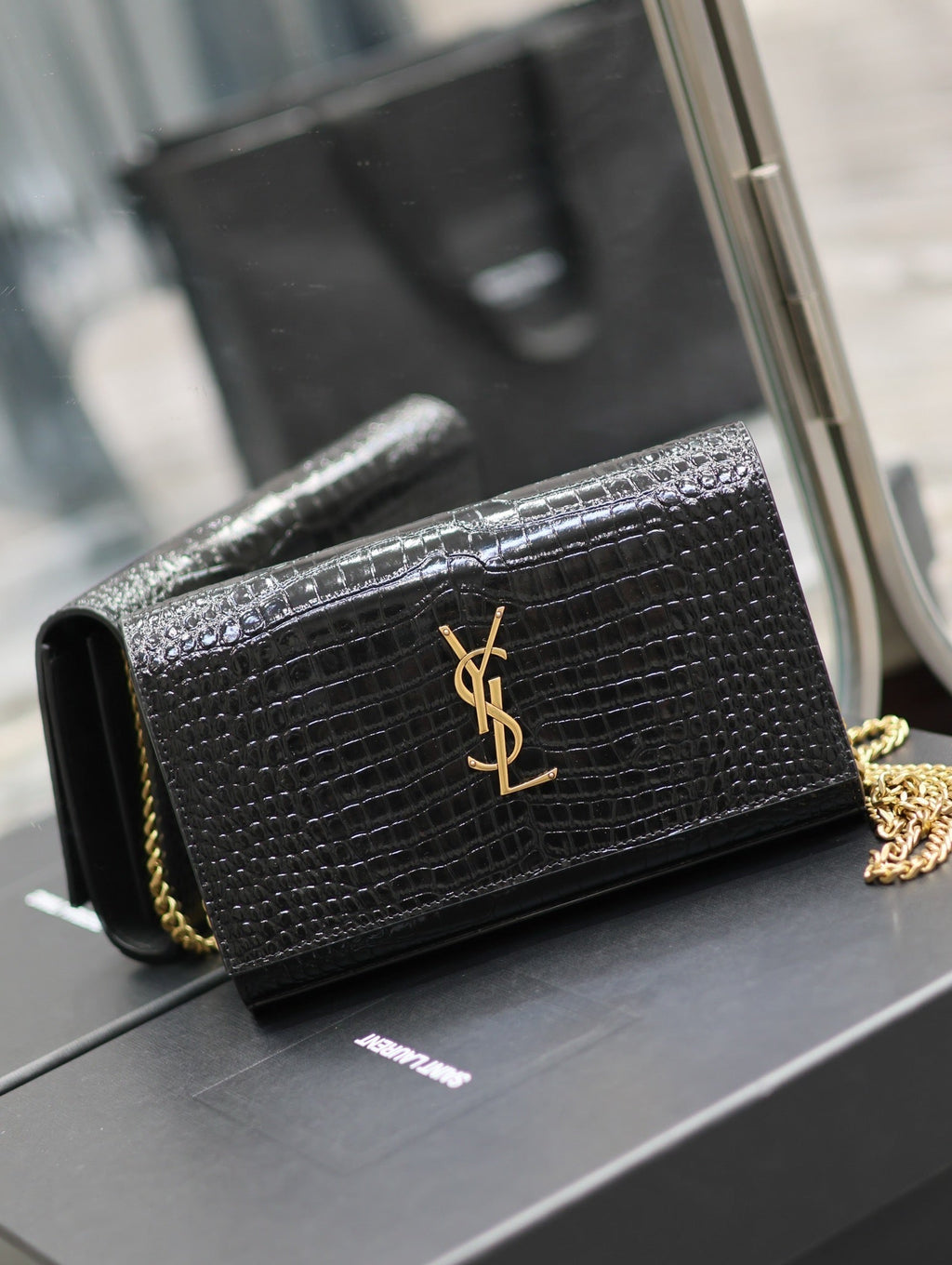 YSL Kate Croc Embossed Black Gold Hardware Shoulder Bag — view 2