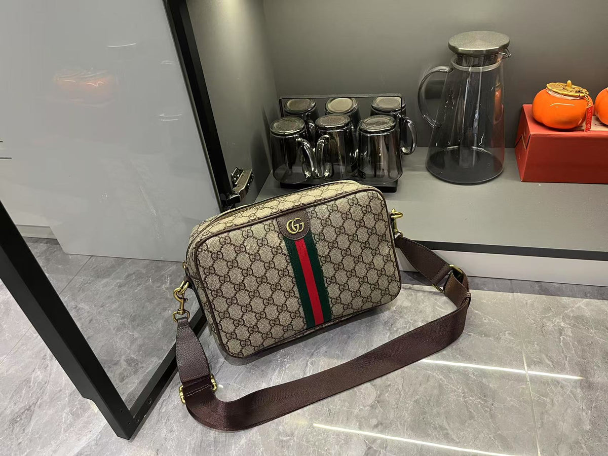 Gucci Ophidia Medium GG Supreme Canvas Shoulder Crossbody Bag with Web Stripe and Leather Trim — view 6