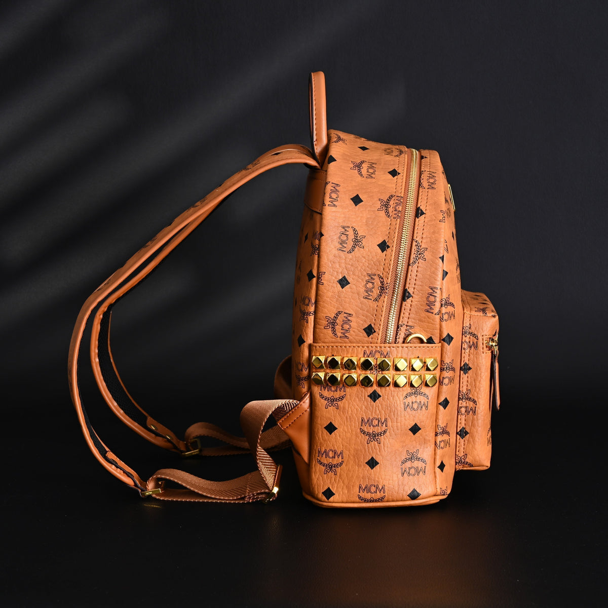 Mcm Stark Visetos Medium Backpack – Cognac Monogram with Gold-Tone Studs - Cognac with Black Monogram Print — view 5