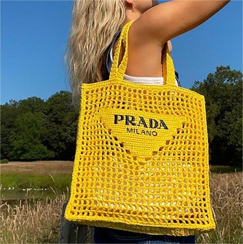 Prada Women's Natural Crochet Tote Bag-Yellow — view 1