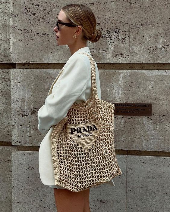 Prada Women's Natural Crochet Tote Bag-Khaki — view 6
