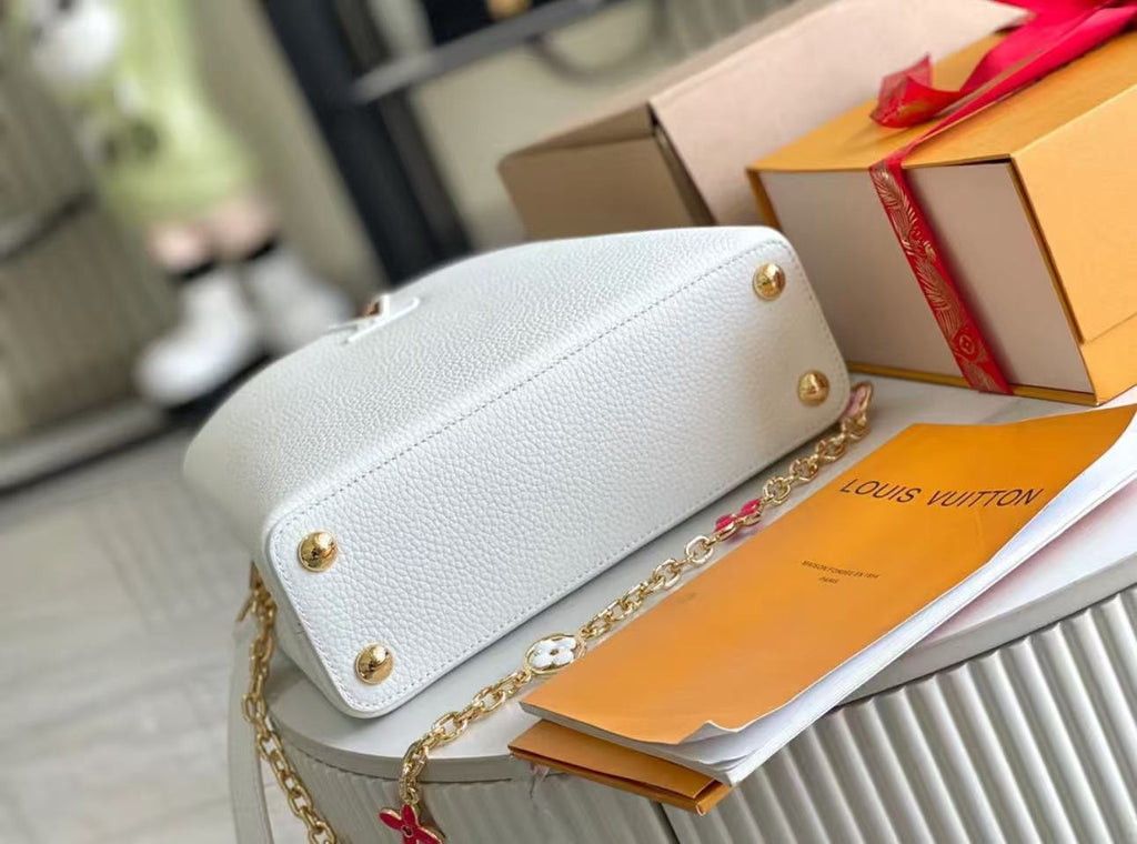 LV Capucines MM Taurillon Leather Handle Shoulder Bag with White Flower Strap — view 3