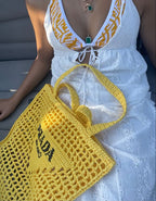 Prada Women's Natural Crochet Tote Bag-Yellow — view 5