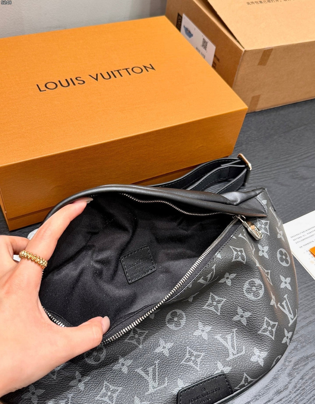 LV Bumbag Monogram Eclipse Canvas Crossbody Bag with Black Leather Trim — view 4