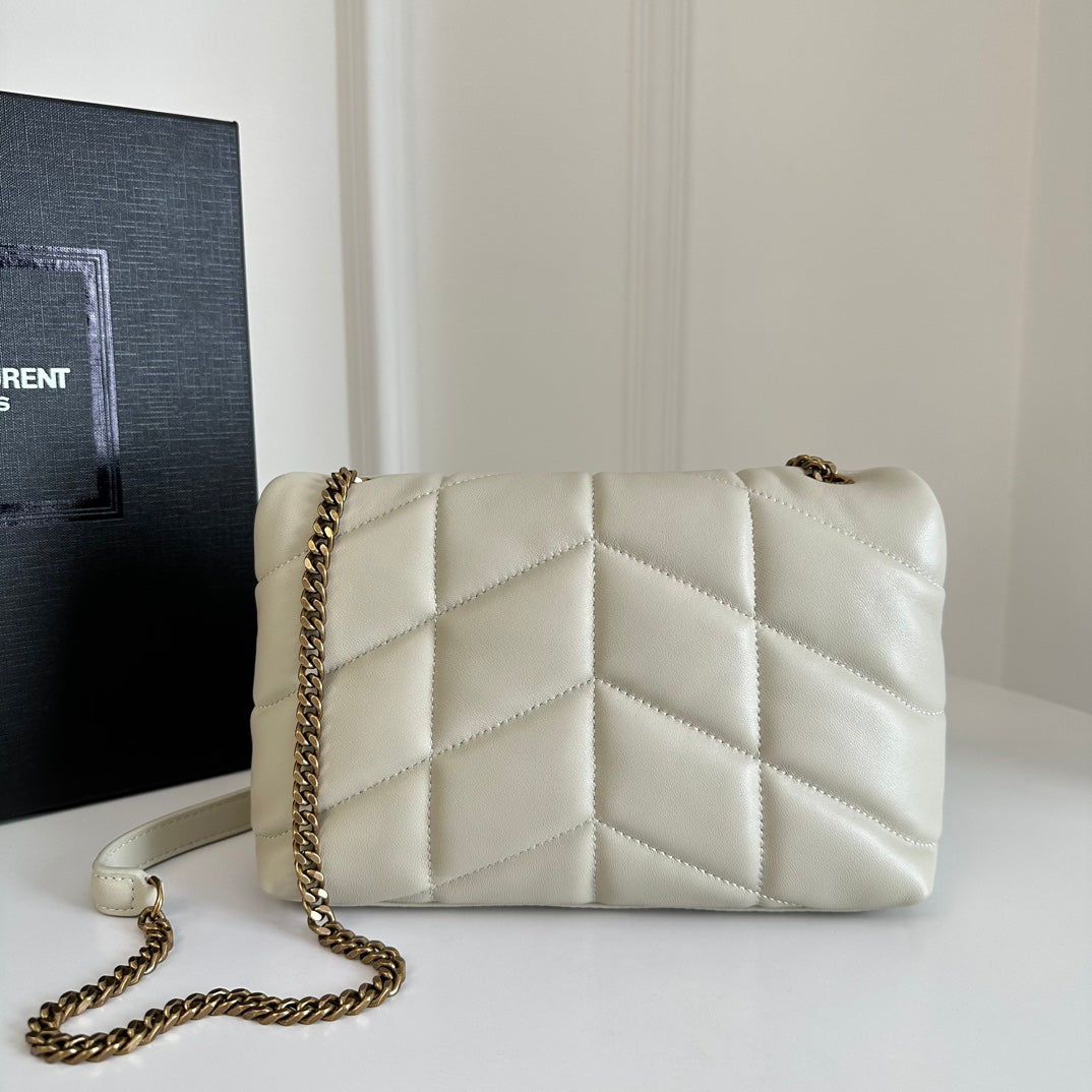 YSL Loulou Puffer Toy Quilted Lambskin Shoulder Crossbody Bag with Chain Strap White — view 3