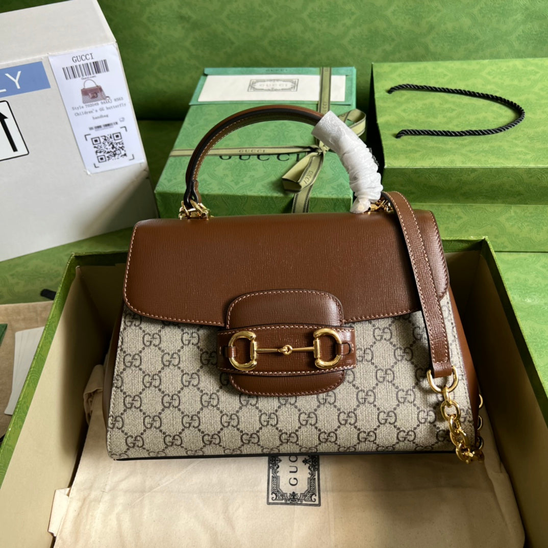 Gucci Horsebit 1955 Medium Ophidia and Brown Leather Handbag — view 1