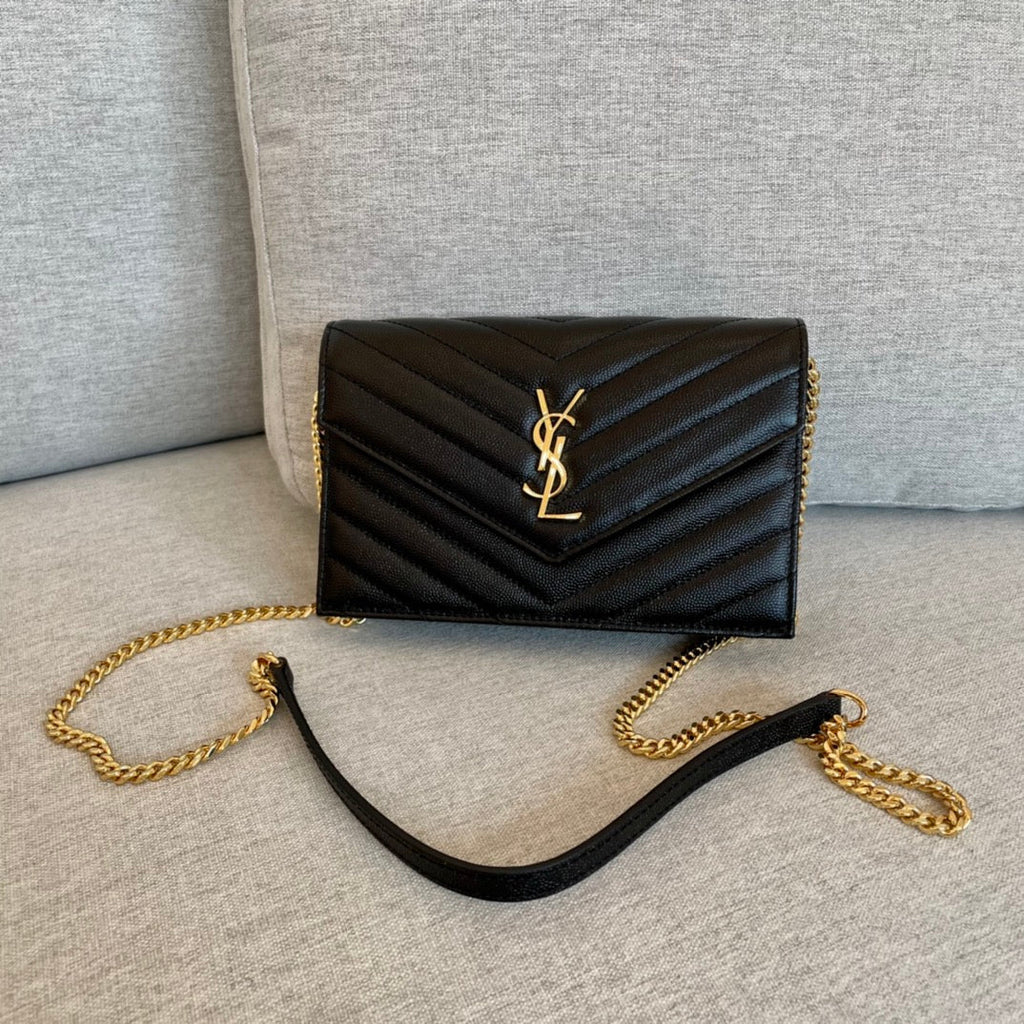 YSL Cassandre Envelope Chain Wallet Black Grain Leather Golden Hardware 19 cm — view 1