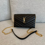 YSL Cassandre Envelope Chain Wallet Black Grain Leather Golden Hardware 19 cm — view 1