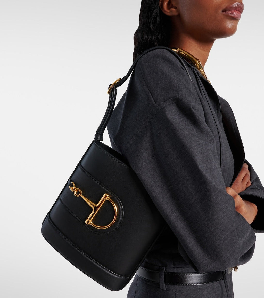 Gucci Small Horsebit Embellished Leather Bucket Bag - Black — view 2