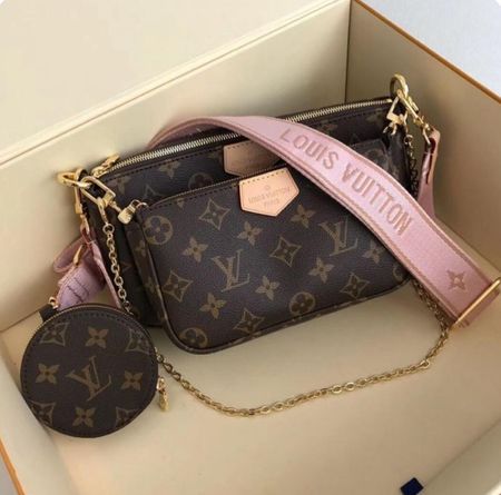 LV Multi Pochette Accessoires Monogram Canvas Crossbody Shoulder Bag with Pink Strap and Two Pouches — view 3