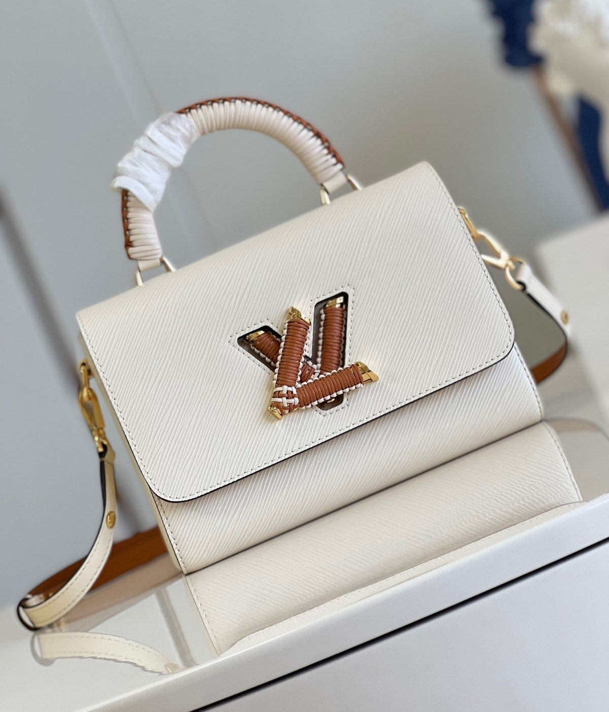 LV Twist MM Epi Leather Handle Crossbody Bag with LV Twist Lock White Quartz — view 7