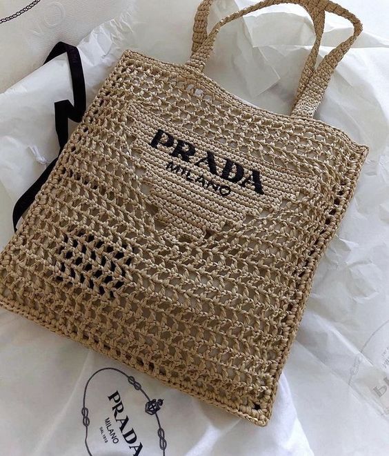 Prada Women's Natural Crochet Tote Bag-Khaki — view 2