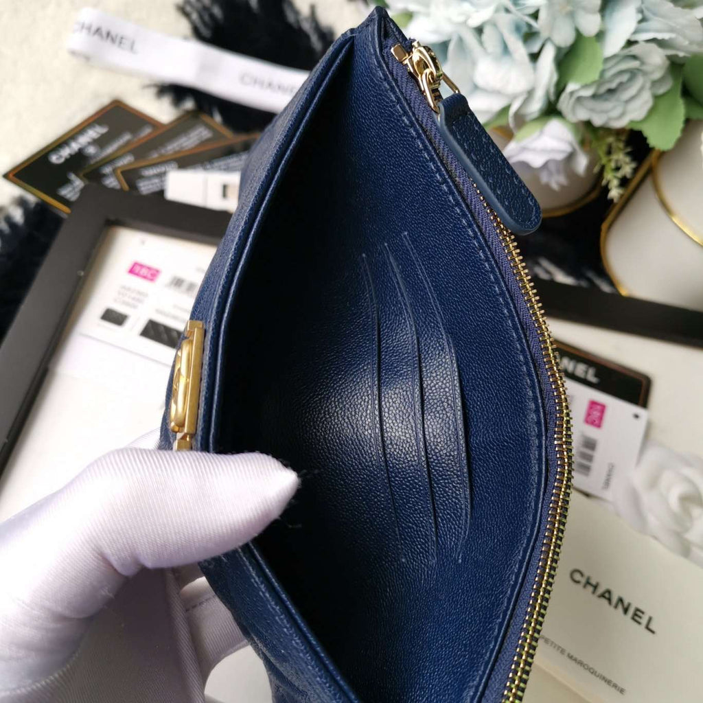 Chanel Caviar Quilted Classic Zip Boy Pouch - Navy — view 7
