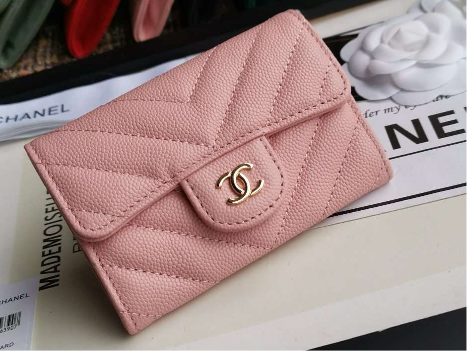Chanel Caviar Chevron Quilted Compact Flap Wallet Pink - Matte Pink — view 3