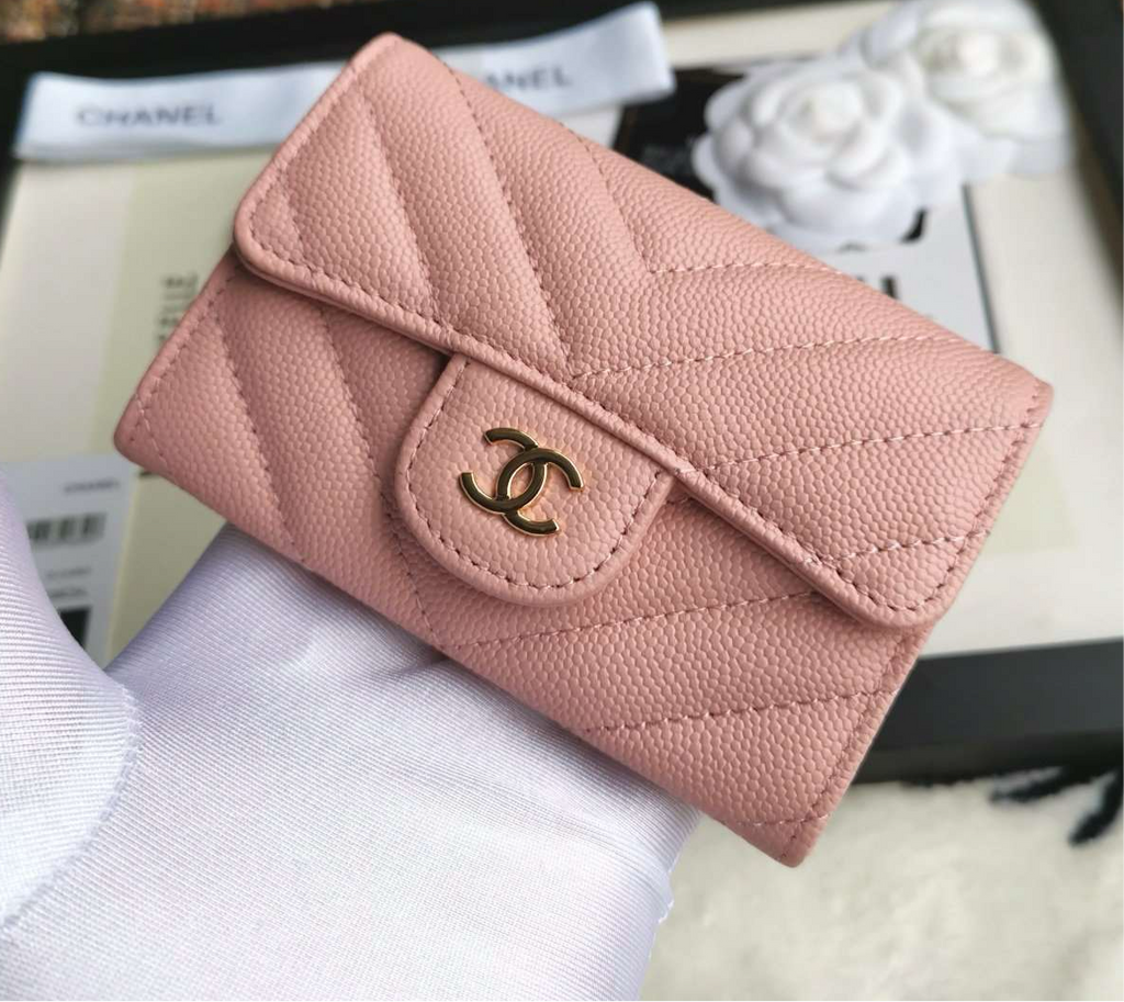 Chanel Caviar Chevron Quilted Compact Flap Wallet Pink - Matte Pink — view 2