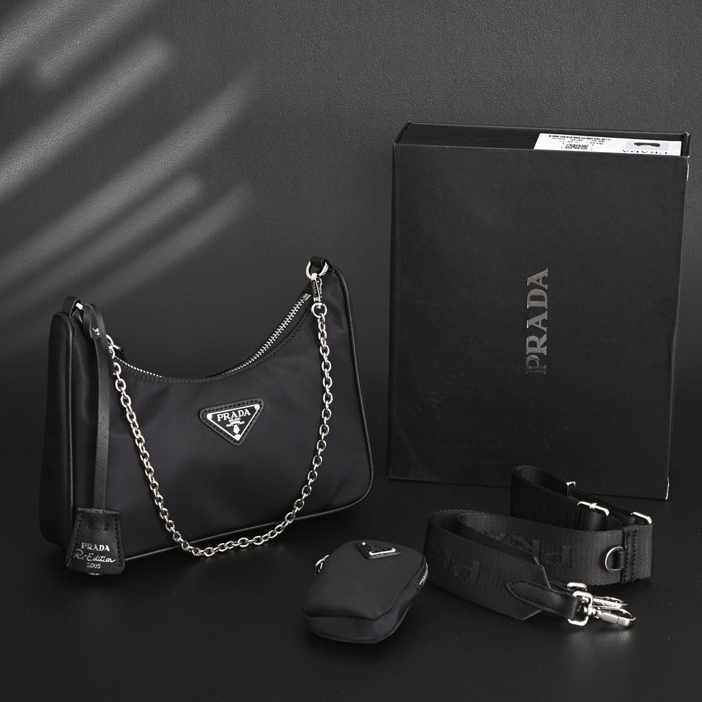 Prada Re-Edition 2005 Nylon Shoulder Bag – Black - Black with Silver-Tone Hardware — view 20