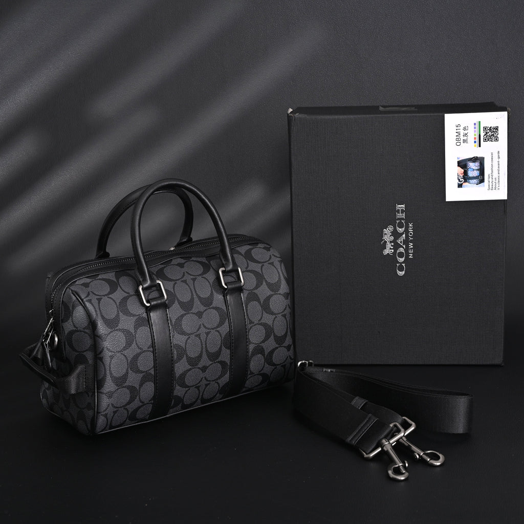 Coach Signature Duffel Bag – Black Monogram Canvas with Leather Trim — view 1