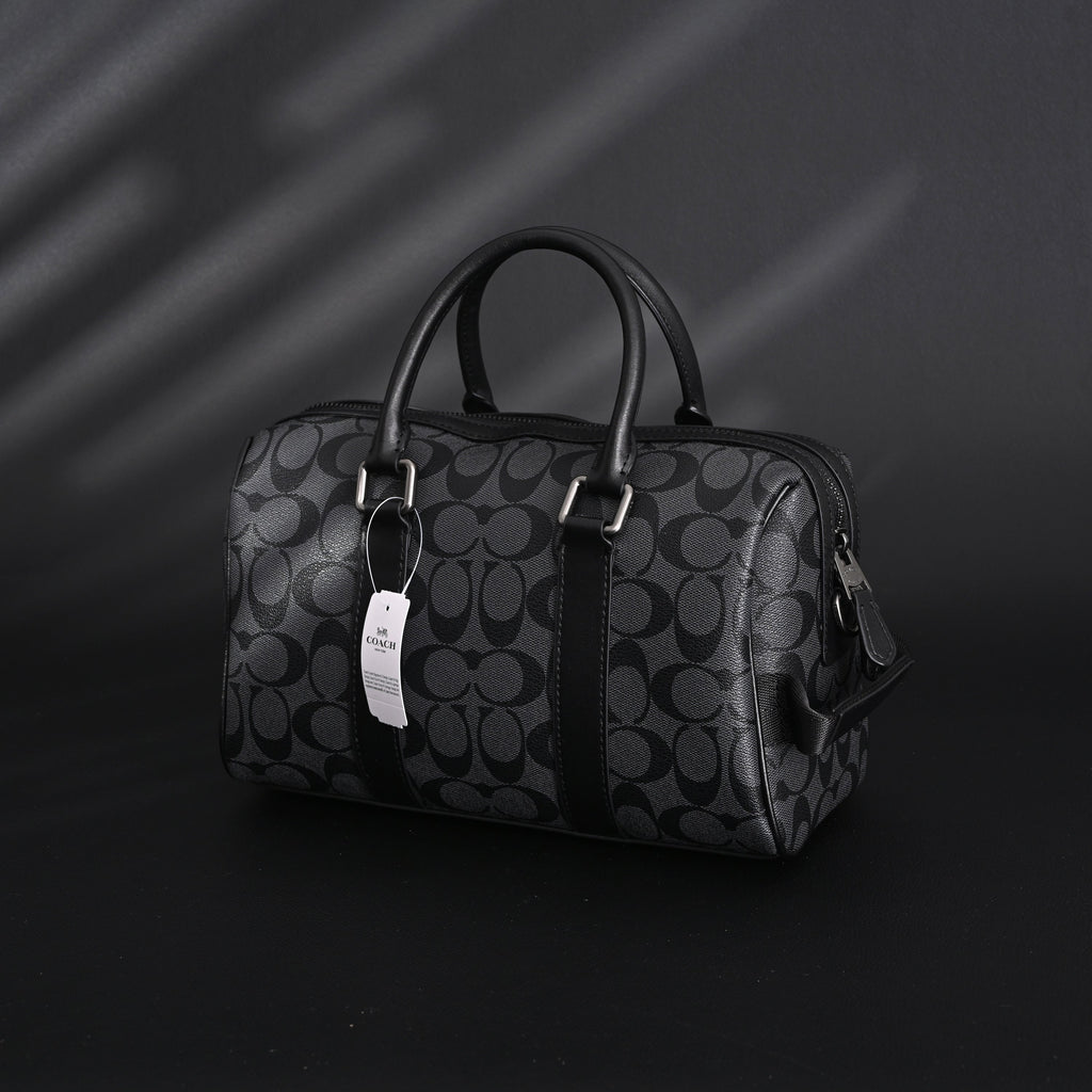 Coach Signature Duffel Bag – Black Monogram Canvas with Leather Trim — view 7