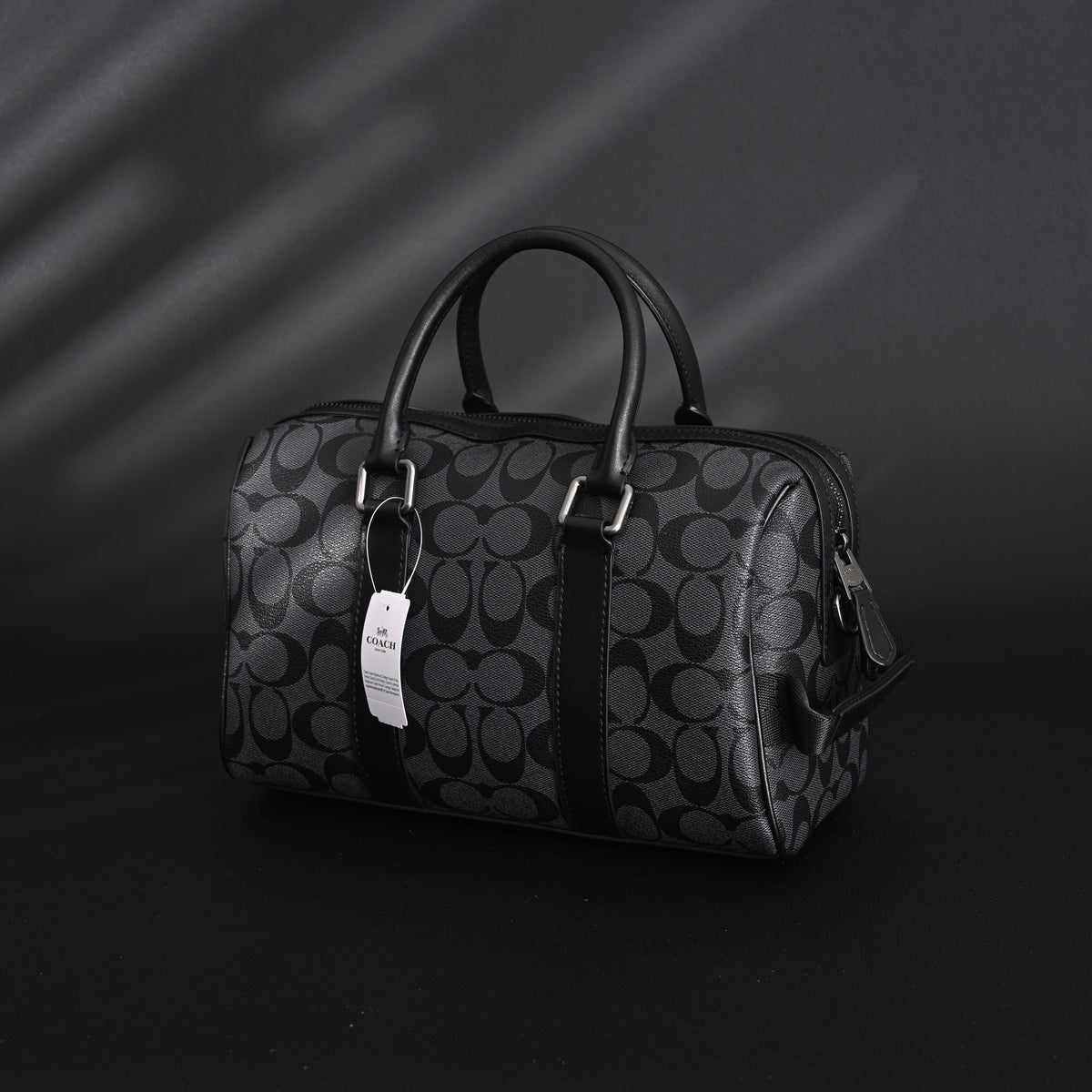 Coach Signature Duffel Bag – Black Monogram Canvas with Leather Trim — view 7