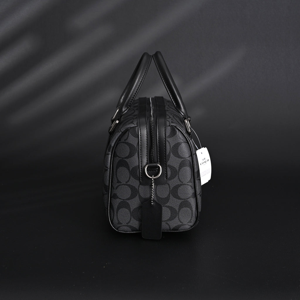 Coach Signature Duffel Bag – Black Monogram Canvas with Leather Trim — view 8