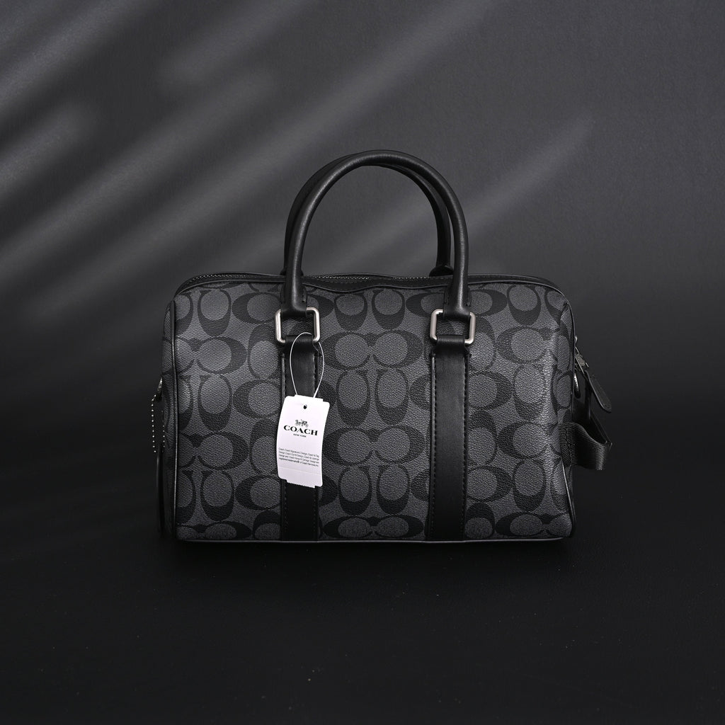 Coach Signature Duffel Bag – Black Monogram Canvas with Leather Trim — view 9