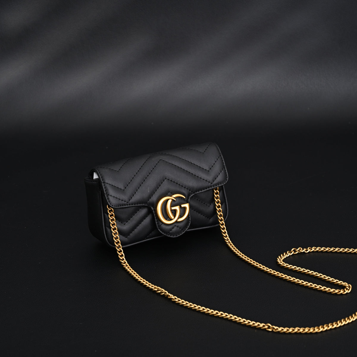 Gucci GG Marmont Matelassé Mini Shoulder Bag – Black Leather with Gold Chain — view 9