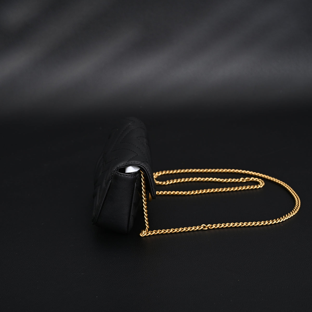 Gucci GG Marmont Matelassé Mini Shoulder Bag – Black Leather with Gold Chain — view 11