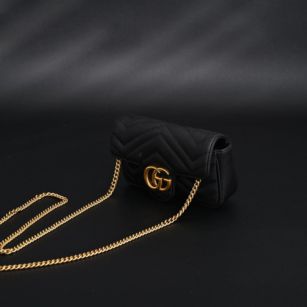 Gucci GG Marmont Matelassé Mini Shoulder Bag – Black Leather with Gold Chain — view 4