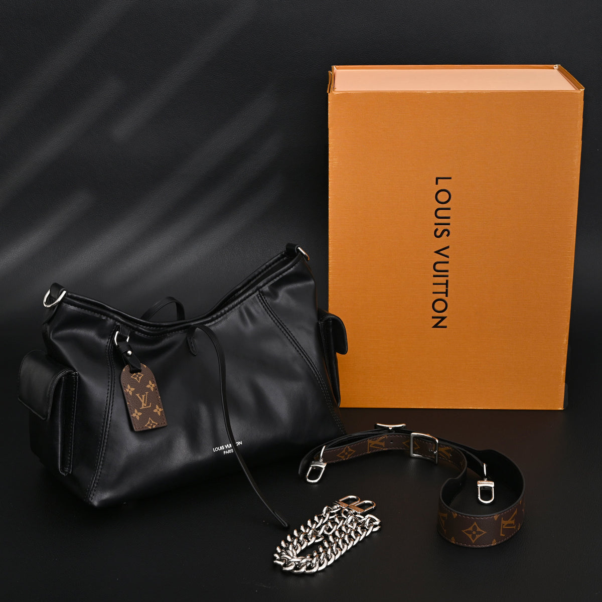 Louis Vuitton Montaigne Black Mahina Leather Shoulder Bag — view 1