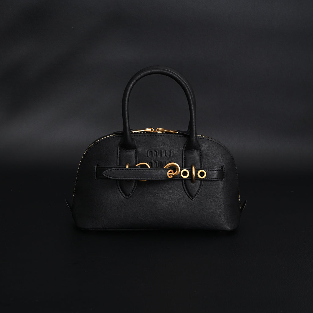 Miu Miu Black Leather Satchel Bag – Medium Structured Tote - Black with Gold-Tone Accents — view 6