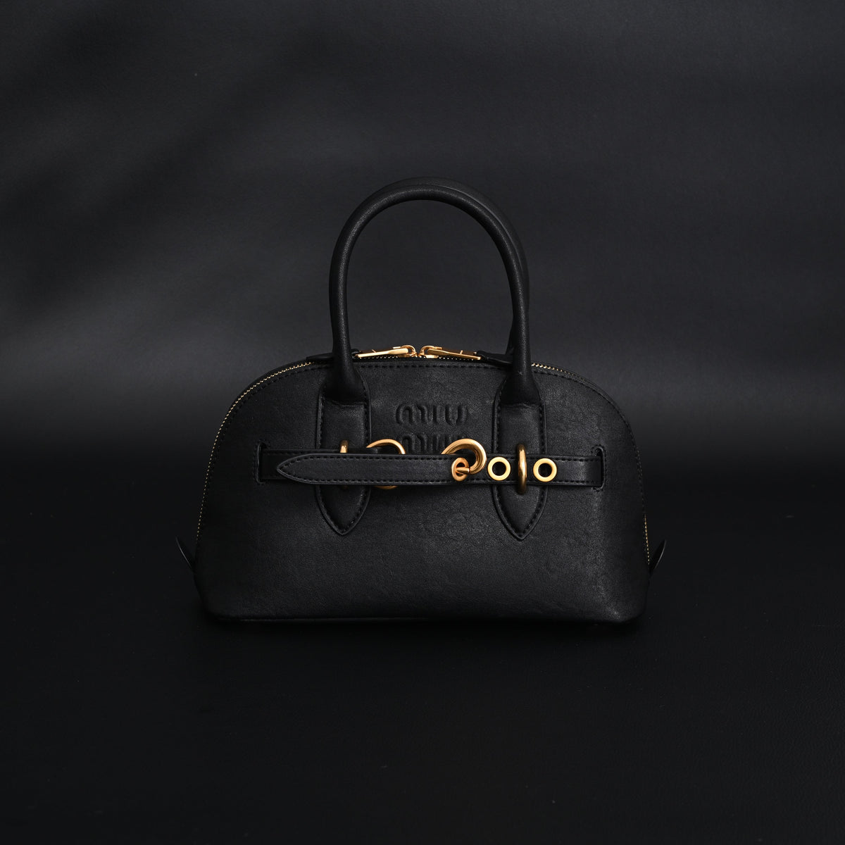 Miu Miu Black Leather Satchel Bag – Medium Structured Tote - Black with Gold-Tone Accents — view 6