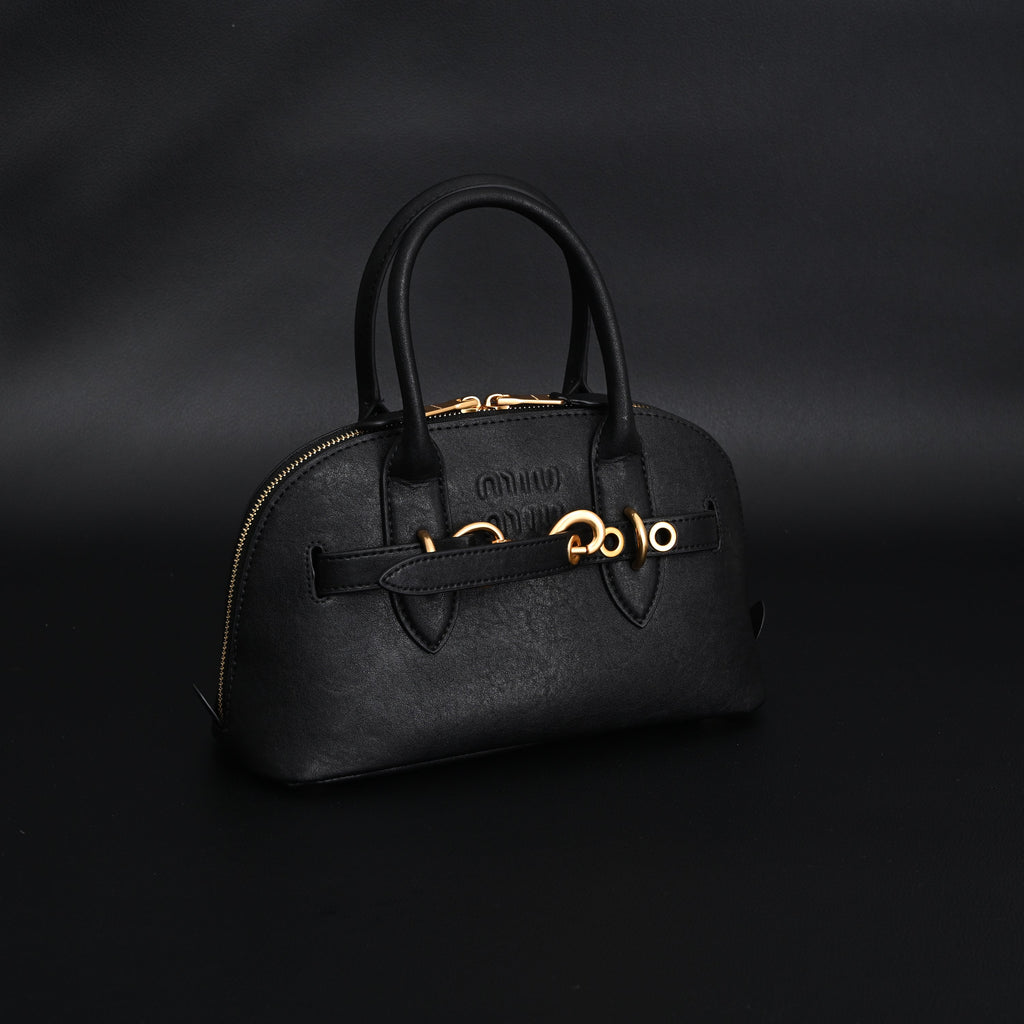 Miu Miu Black Leather Satchel Bag – Medium Structured Tote - Black with Gold-Tone Accents — view 7