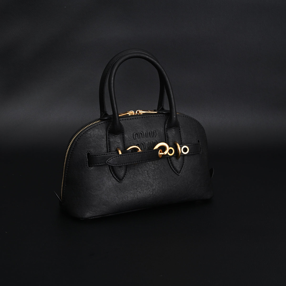Miu Miu Black Leather Satchel Bag – Medium Structured Tote - Black with Gold-Tone Accents — view 7