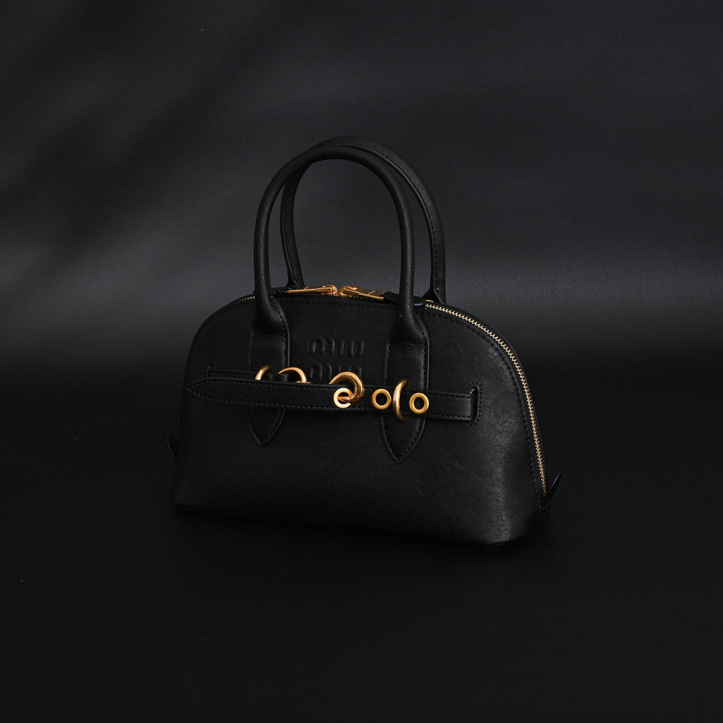 Miu Miu Black Leather Satchel Bag – Medium Structured Tote - Black with Gold-Tone Accents — view 11