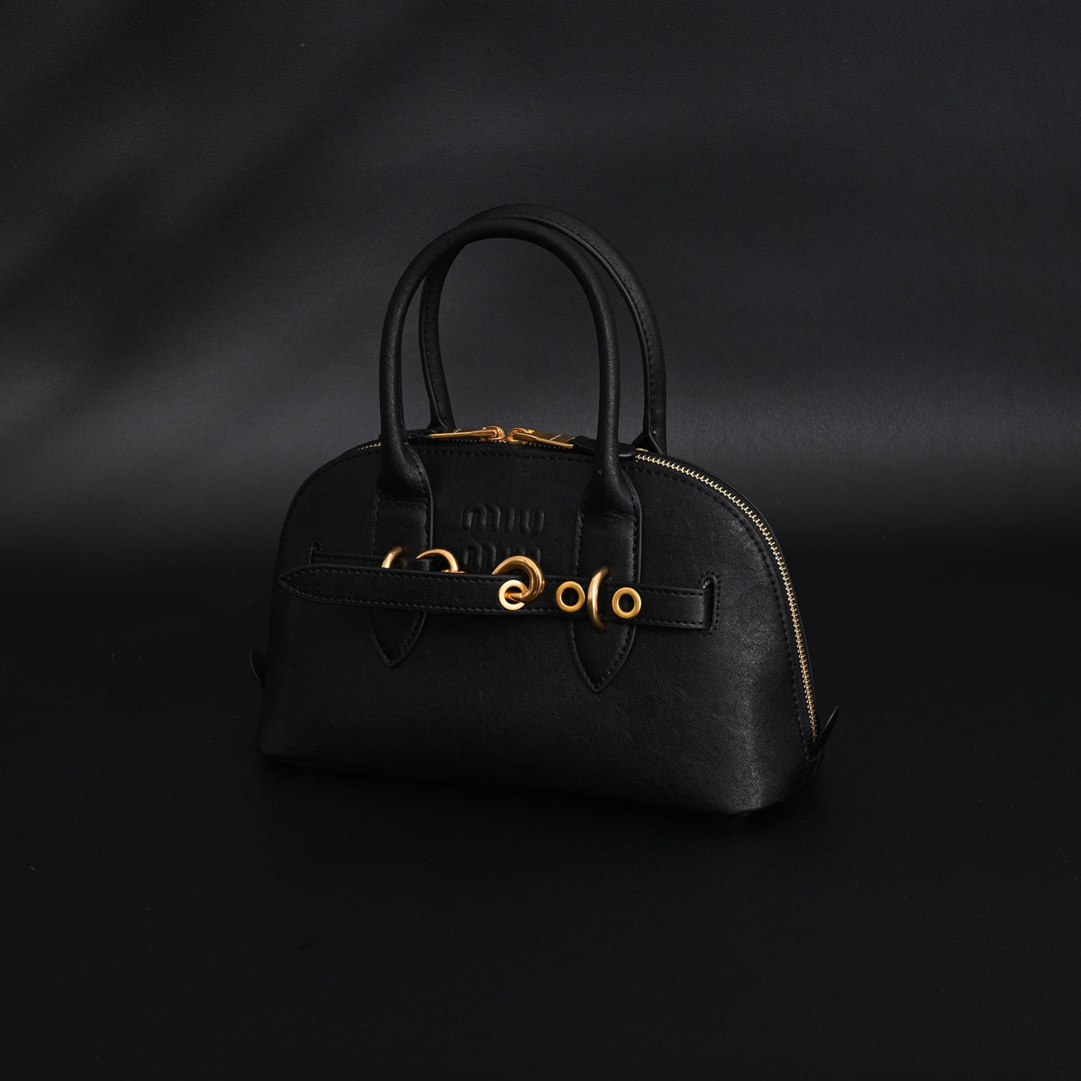 Miu Miu Black Leather Satchel Bag – Medium Structured Tote - Black with Gold-Tone Accents — view 11