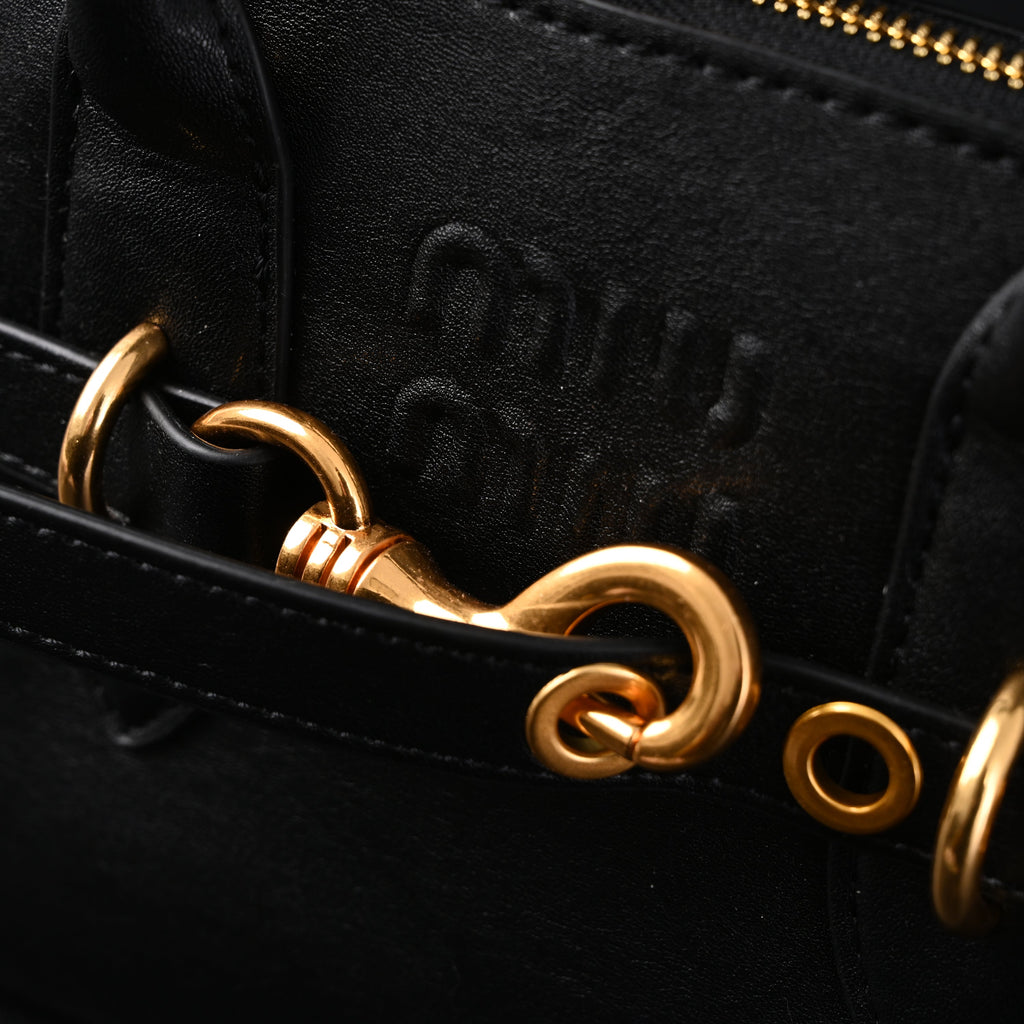 Miu Miu Black Leather Satchel Bag – Medium Structured Tote - Black with Gold-Tone Accents — view 14