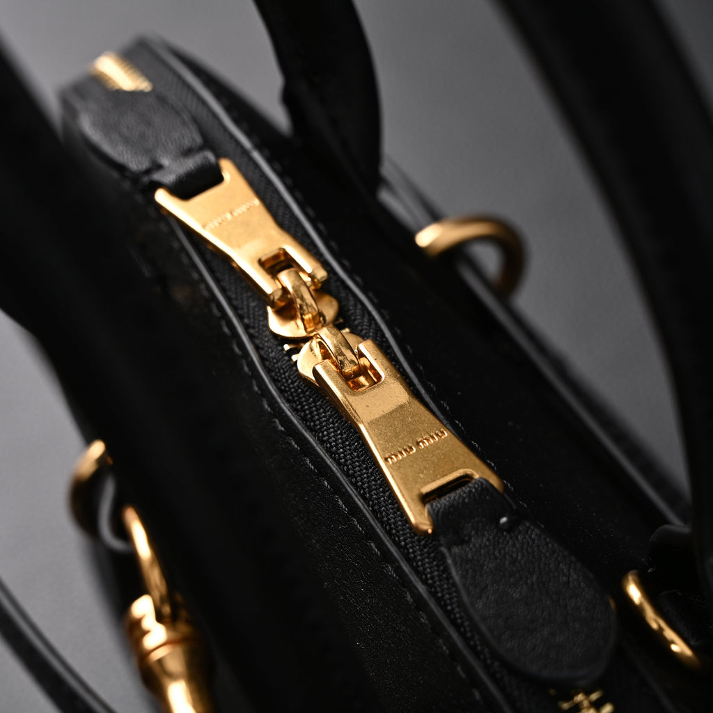 Miu Miu Black Leather Satchel Bag – Medium Structured Tote - Black with Gold-Tone Accents — view 16